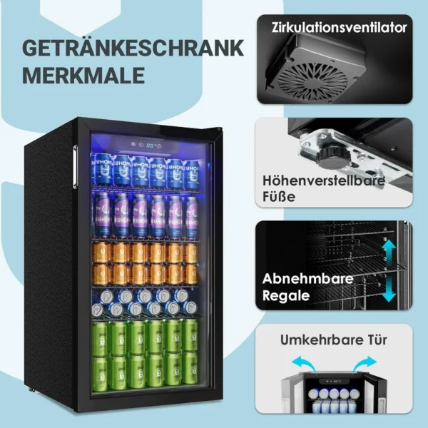 Getränkekühlschrank mit Glastür und verstellbaren Einlegeböden