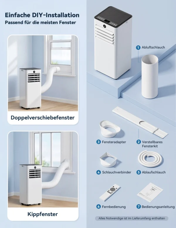 Mobile Klimaanlage mit 9000 BTU, Fenster-Set mit Abluftschlauch