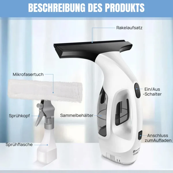 Akku-Fensterwischer 3500 mAh mit 2-in-1 Mikrofasertuch