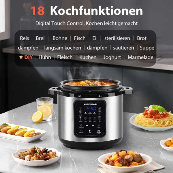 Schnellkochtopf mit digitalen Touchscreen und 6 l Volumen