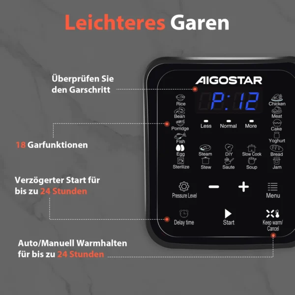 Schnellkochtopf mit digitalen Touchscreen und 6 l Volumen